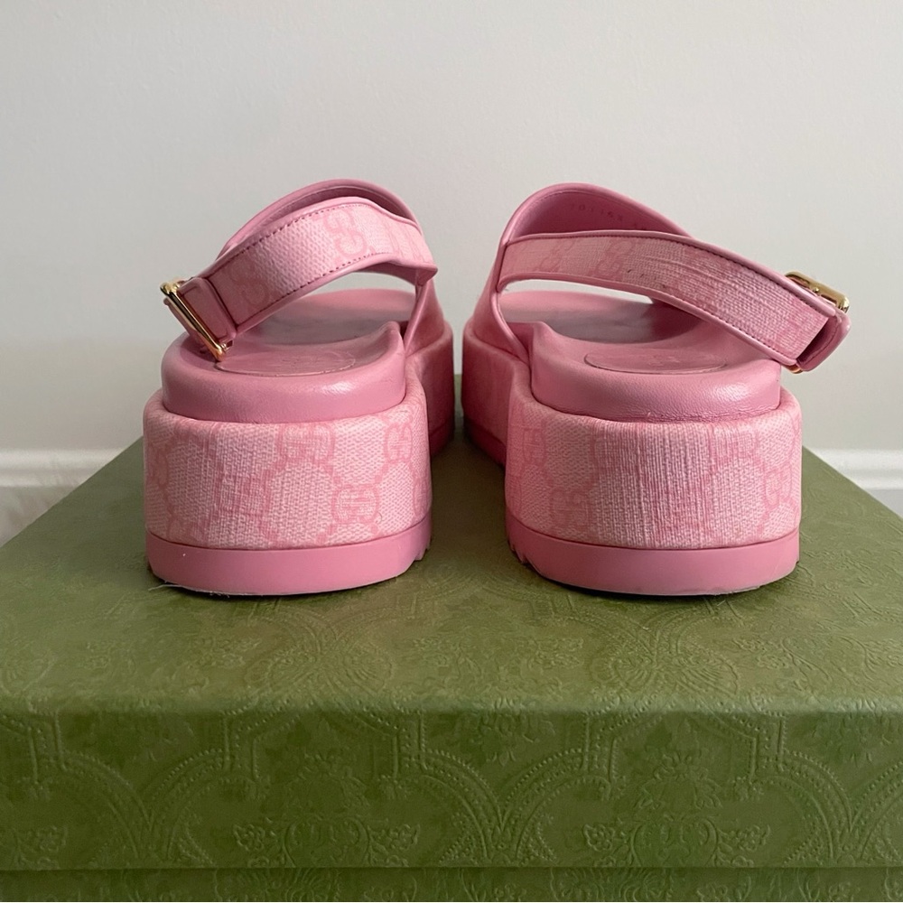 Gucci Angelina Pink GG Supreme Coated Canvas  Slingback Platform Sandals 38 - Picture 6 of 16